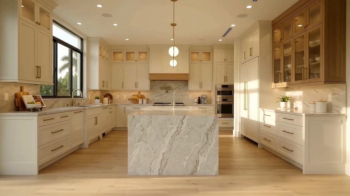 Finished design visual of a kitchen with a waterfall island