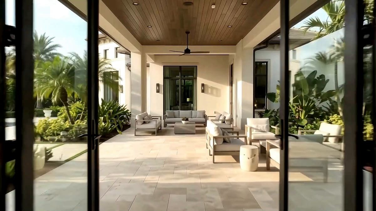 Covered lanai with wood ceiling, outdoor seating and pool framed by tall glass doors, design visual