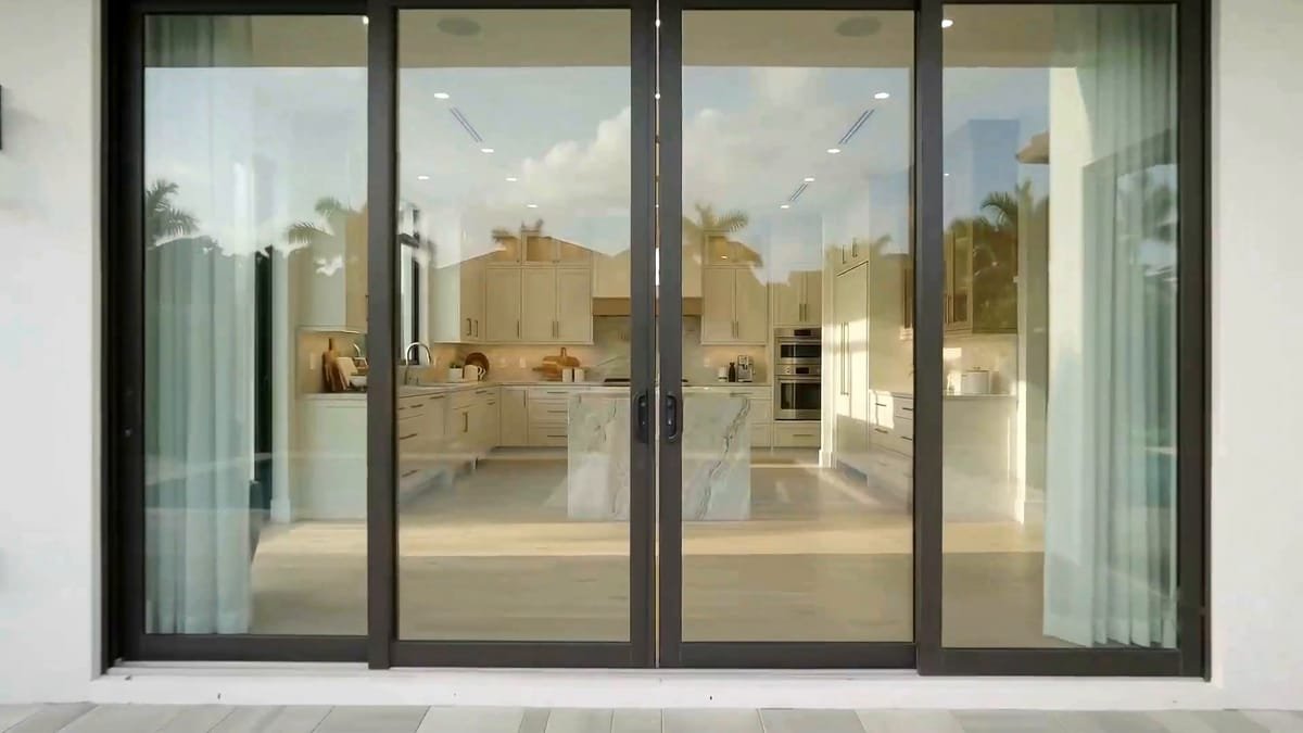 Wide dark-framed glass sliding doors in a bright interior, design visual