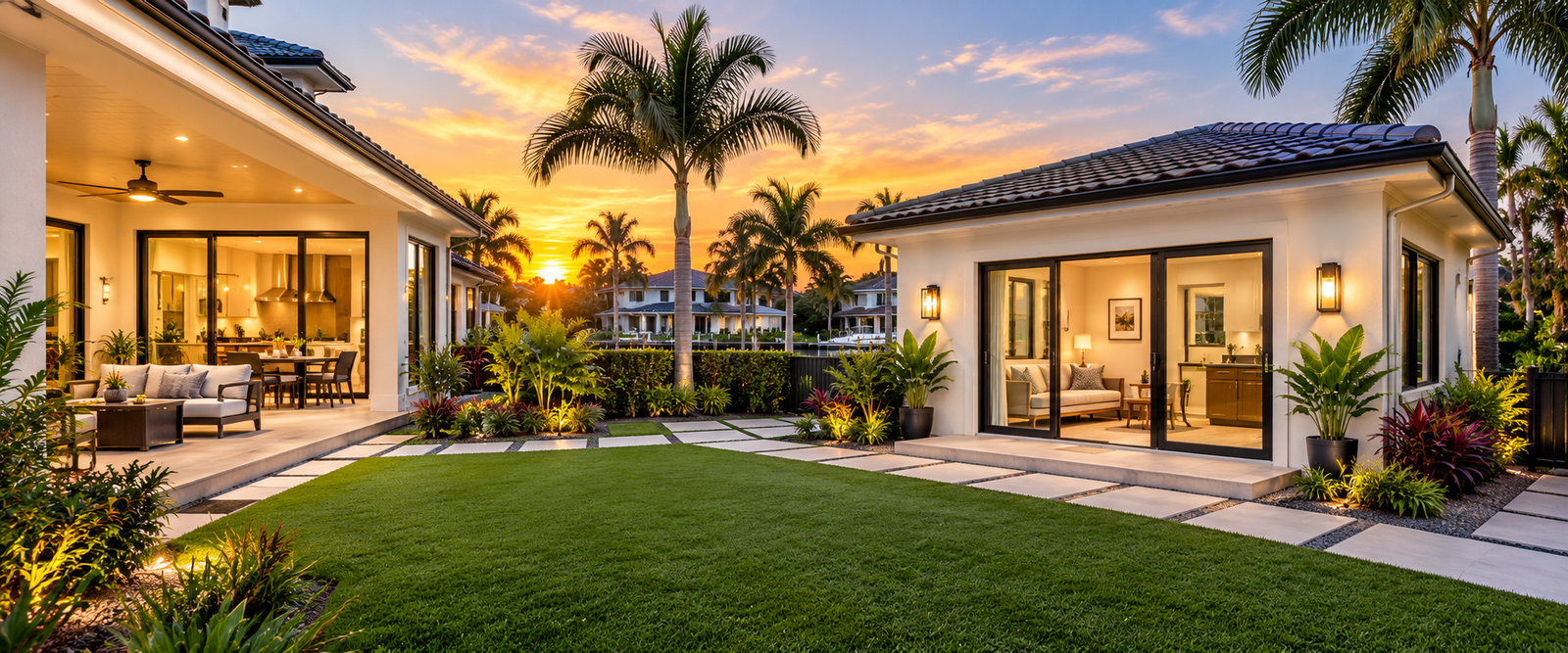 Covered outdoor living space with a wood ceiling and tall glass doors, design visual