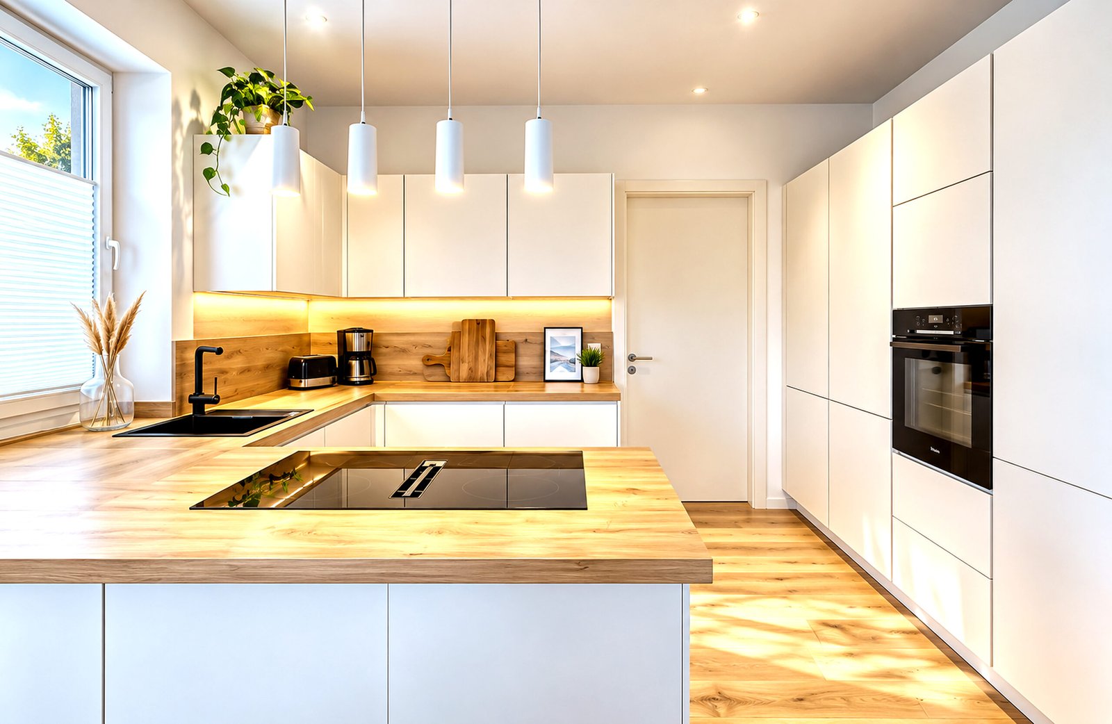 Bright kitchen with a waterfall stone island, pendant lights and tall windows
