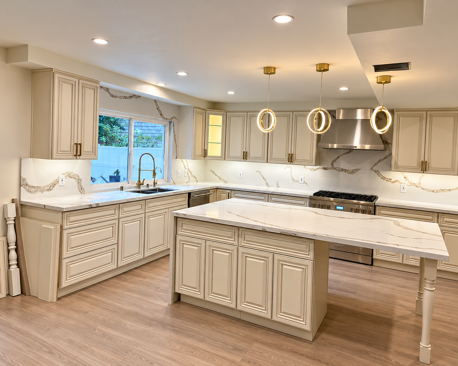 Kitchen remodel in progress with new oak and blue cabinetry installed and floors protected