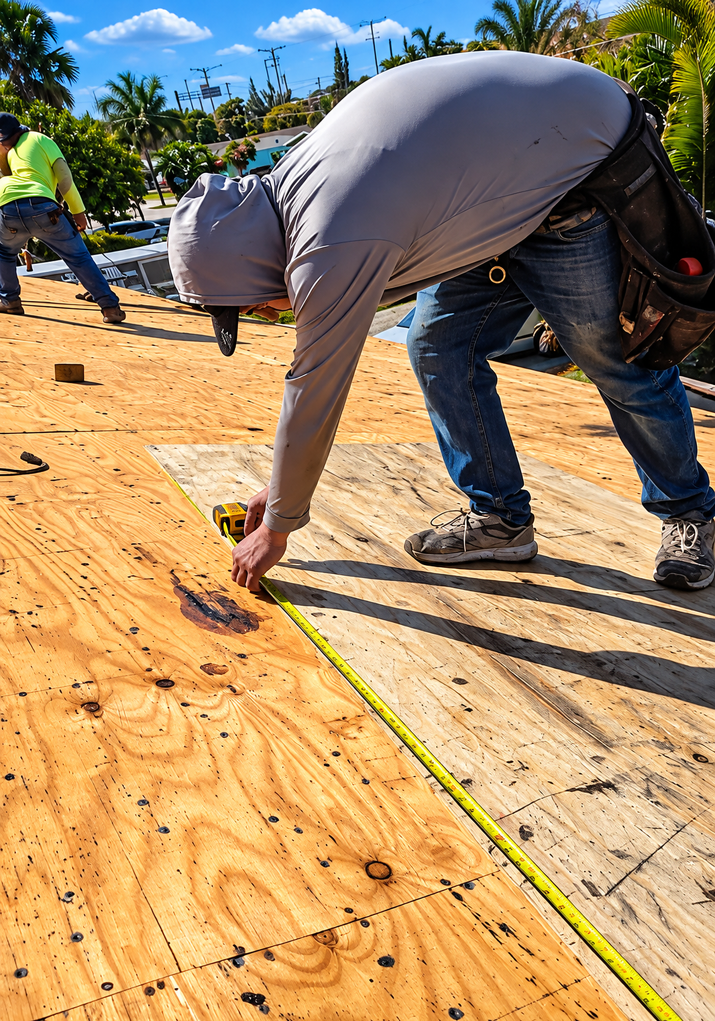 Contractor checking a door opening against a clipboard during a site inspection
