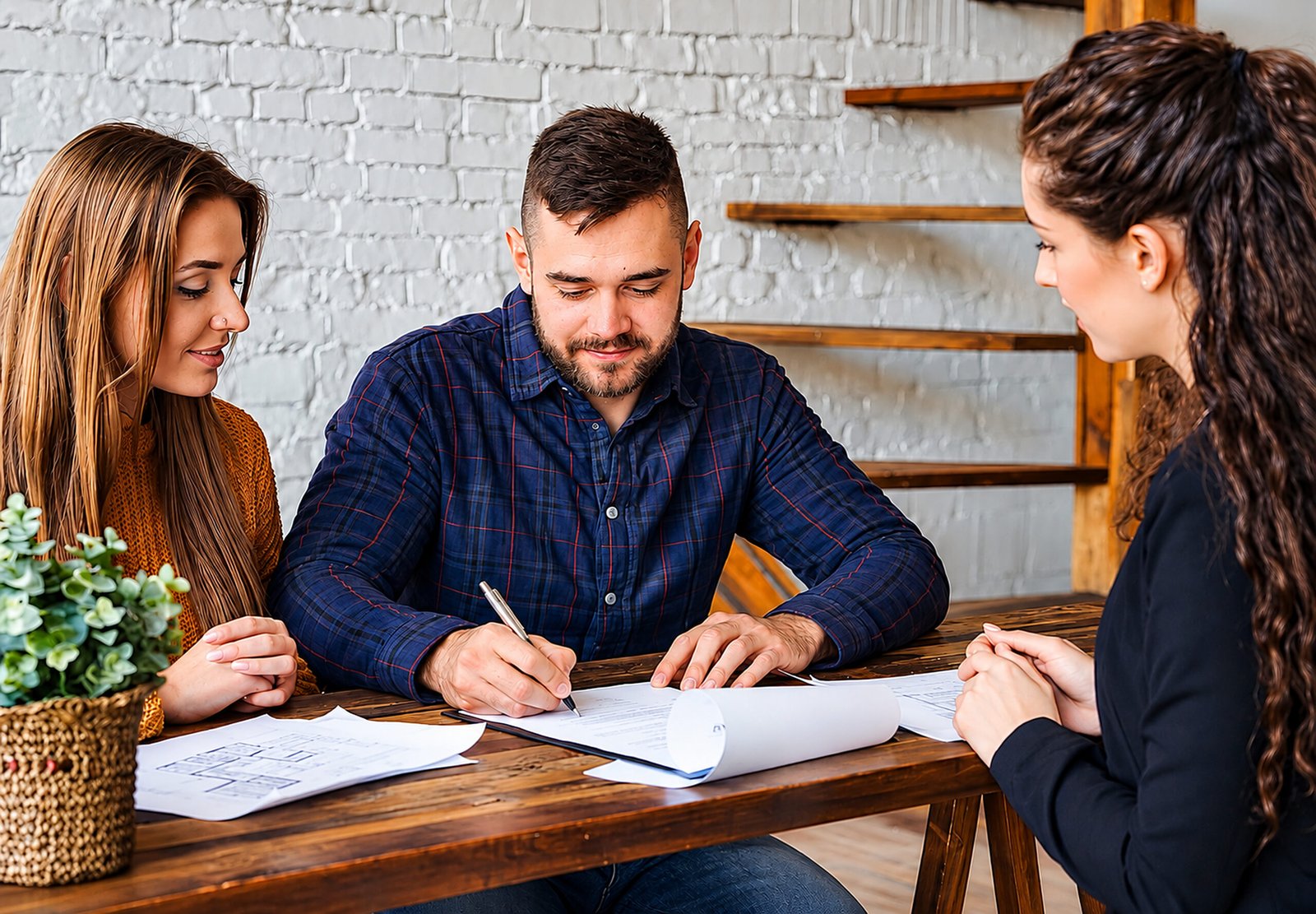 Homeowners reviewing and signing a written project proposal at a table